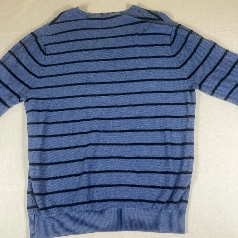 Nautica Mens Large Blue Black Striped V Neck Sweater Cotton Knit Pullover
